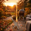 Green Flame Lounge Pellet Heater RVS BPH-R80 met 360° glazen vlambuis op terras